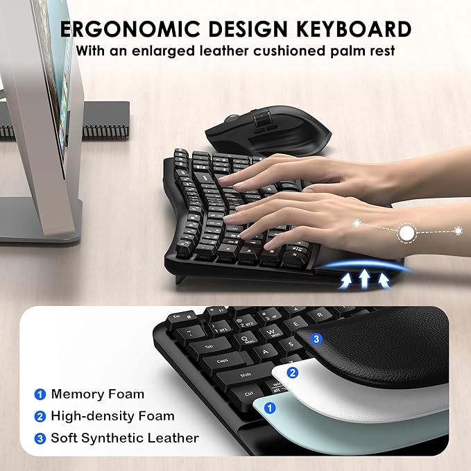 Ergonomic Keyboard and Mouse Combo, Bluetooth/2.4G Wireless Ergo Wave Curved Keyboard with Cushioned Palm Rest and 6 Levels DPI Adjustable Silent Mouse, Multi-Device for Windows/Mac/Android