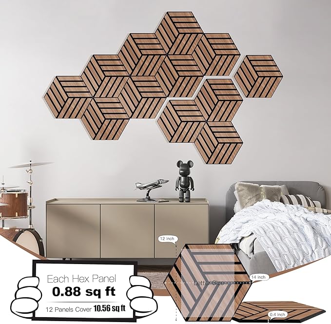 Mollywell Hexagon Acoustic Panels, Walnut TH4, 14x12x0.4 Inch, 12 Pack |Wood Veneer|High Density Sound Proofing Wall Panels|Self Adhesive Sound Dampening Felt Wall Tiles|Home Theater|Gaming Room|