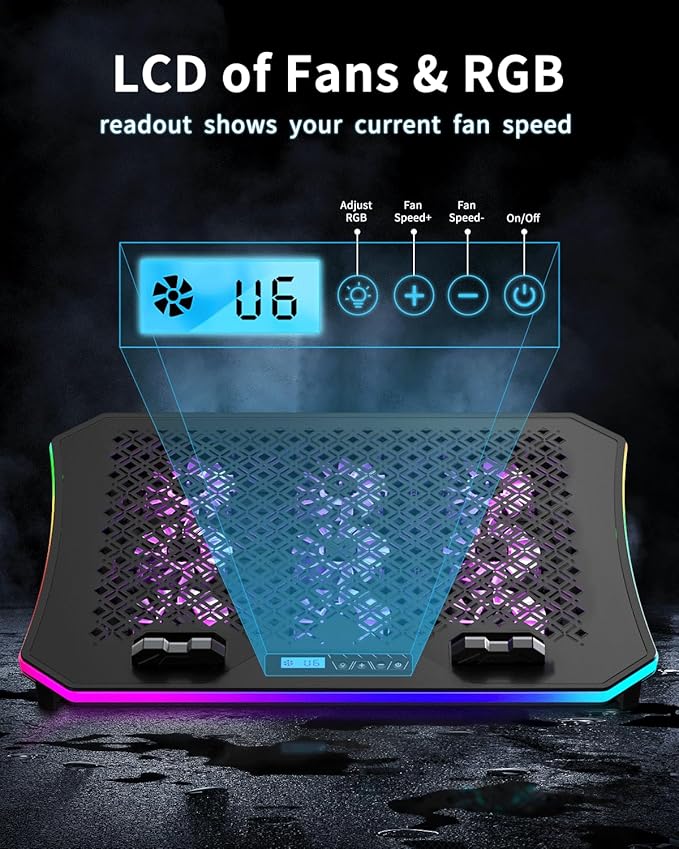 KeiBn Laptop Cooling Pad, Gaming Laptop Fan Cooling Pad with 9 Quiet Fans, RGB Laptop Cooler for 15.6-17.3 Inch, Cooling Pad for Laptop with 7 Height Stands, 2 USB Ports, Phone Stand-Purple