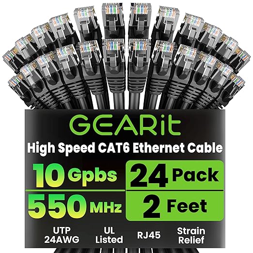 GearIT Cat 6 Ethernet Cable Pack - 24-Pack 2 ft Cat6 Ethernet Patch Cables | RJ45 Network Patch Cable, 10 Gbps Snagless Gold-Plated Connectors - Ethernet Cable Cat 6 for PC, TV, Router - Black