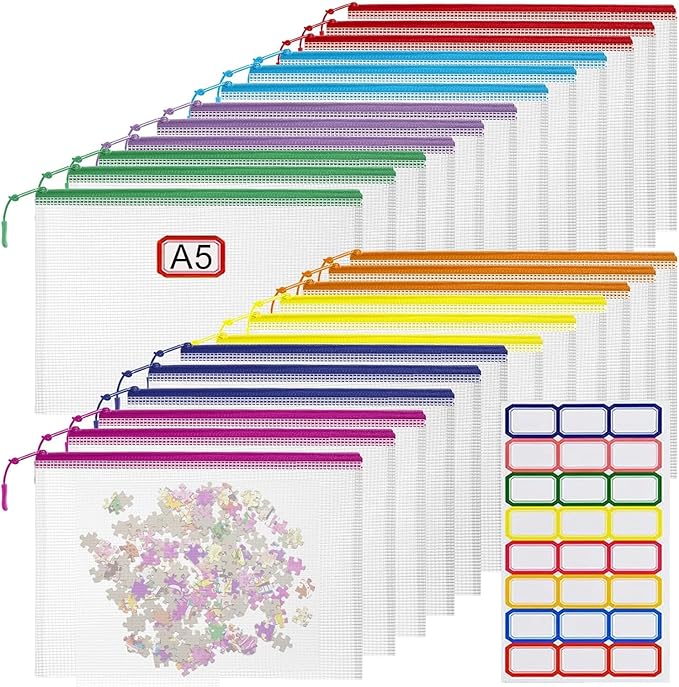 24pcs Mesh Zipper Pouch File Bags Puzzle Storage Bags, A5 Size 9.4 x 6.9 Inches Large Reusable Zipper Pouches for Organizing Classroom Board Game Organization