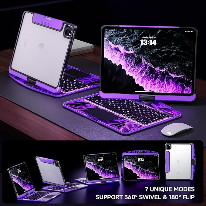 Transparent Case with Keyboard for iPad Air 13 Inch (M3/M2, 2025/2024), iPad Pro 12.9 Inch (6/5/4/3 Gen),7-Color Backlit,Magic wireless Keyboard, 360°Rotating,with trackpad,Pencil Holder,Purple
