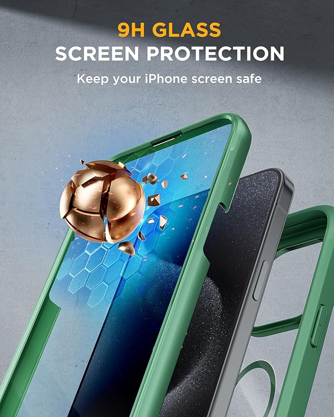 Miracase Magnetic for iPhone 15 Pro Max Case 6.7'' [Compatible with MagSafe] Full-Body Phone case with Built-in Glass Screen Protector& Camera Protector,Drop Proof 15 Pro Max Cover,Magnetic Green