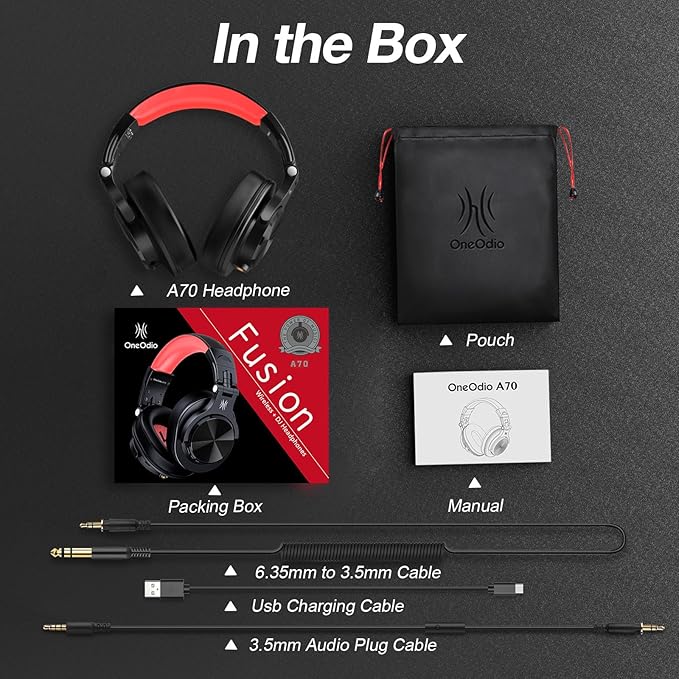 OneOdio A70 Bluetooth Over Ear Headphones, Wireless Headphones w/ 72H Playtime, Hi-Res, 3.5mm/6.35mm Wired Audio Jack for Studio Monitor & Mixing DJ Guitar AMP, Computer Laptop PC Tablet - Red