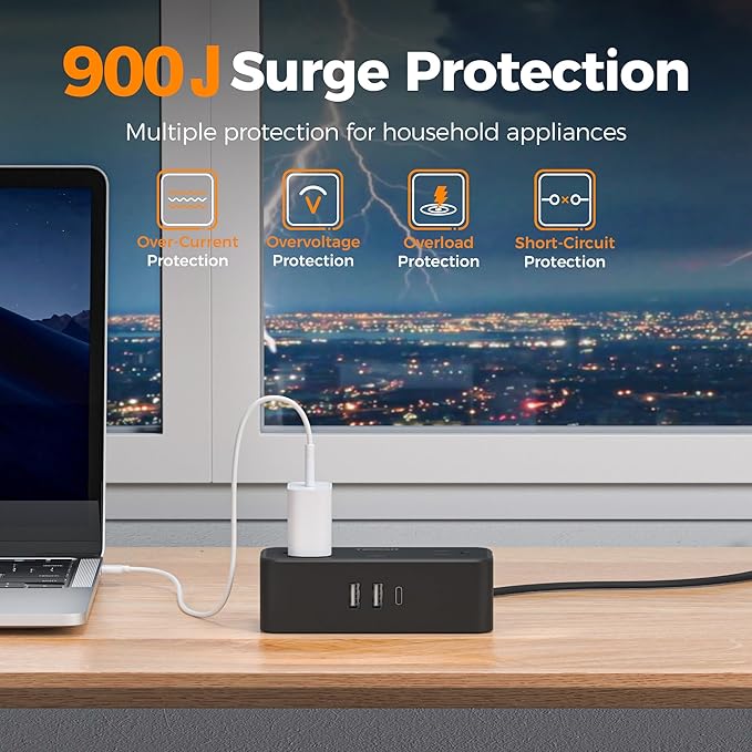 TESSAN Black Extension Cord 5 Ft, Flat Surge Protector Power Strip with 4 Wide Spaced AC Outlets 3 USB Ports (1 USB C), Ultra Thin Flat Plug with 900J Surge Protection, Office Dorm Room Essentials