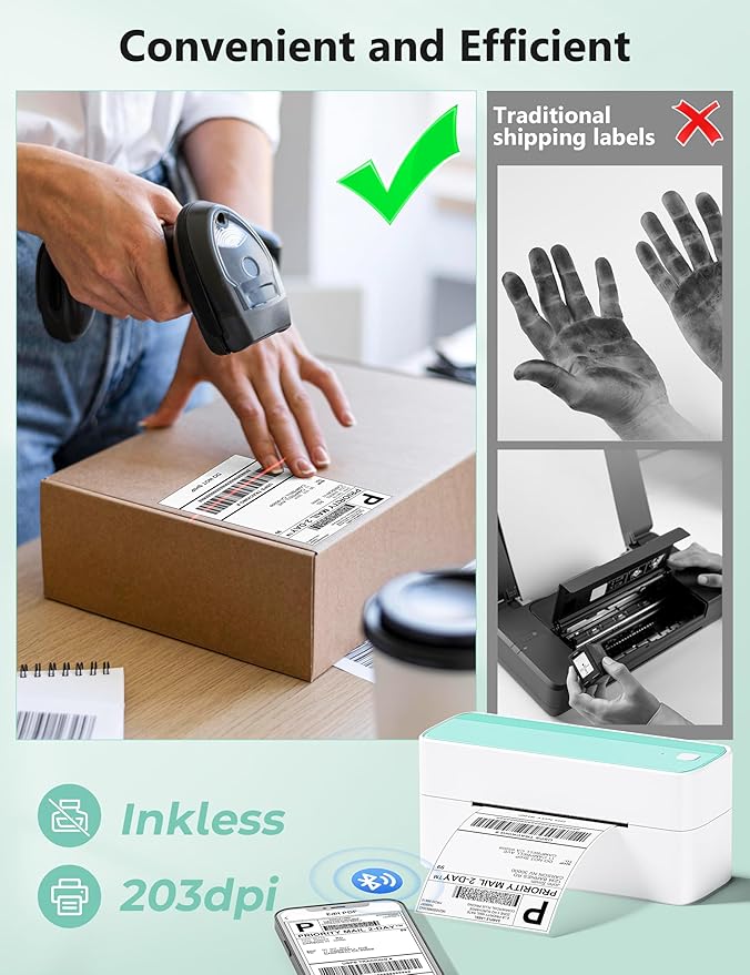 Phomemo Bluetooth Thermal Shipping Label Printer, 241BT Wireless Thermal Label Printer for Shipping Packages, Inkless Thermal Shipping Label Printer, Compatible with iPhone, Android, Green