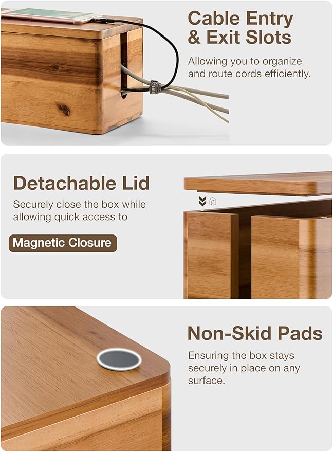 Acacia Large Cable Management Box - Set of 2 Cord Box Hider for Home, Office - Cable Hider Box, Surge Protector Box for TV Wires, Computer - Power Strip Box with 2 Open Slots, Magnetic Lid