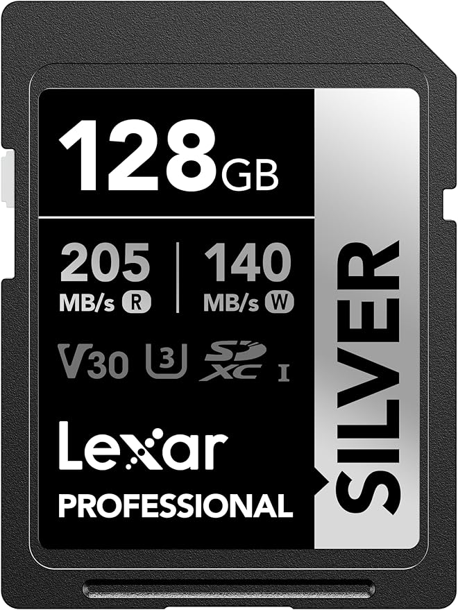 Lexar 128GB Professional Silver SD Card, UHS-I, C10, U3, V30, 4K, Up to 205/140 MB/s SDXC Memory Card, for Professional Photographer, Videographer, Enthusiast (LSDSILV128G-BNNNU)