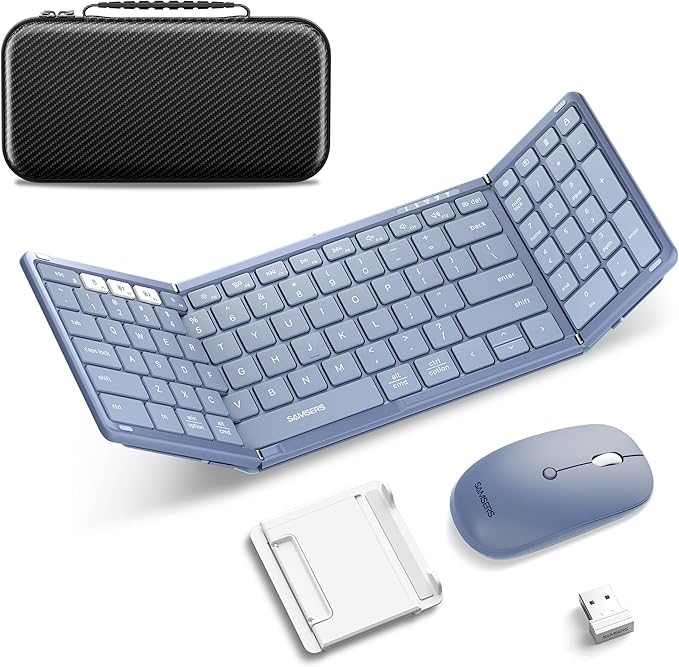 Foldable Keyboard and Mouse, Samsers Folding Bluetooth Keyboard Combo, 2.4G + BT5.0 x 2, Full-Size Portable Travel Keyboard & Rechargeable Wireless Mouse for Windows Android iOS Mac OS, Blue