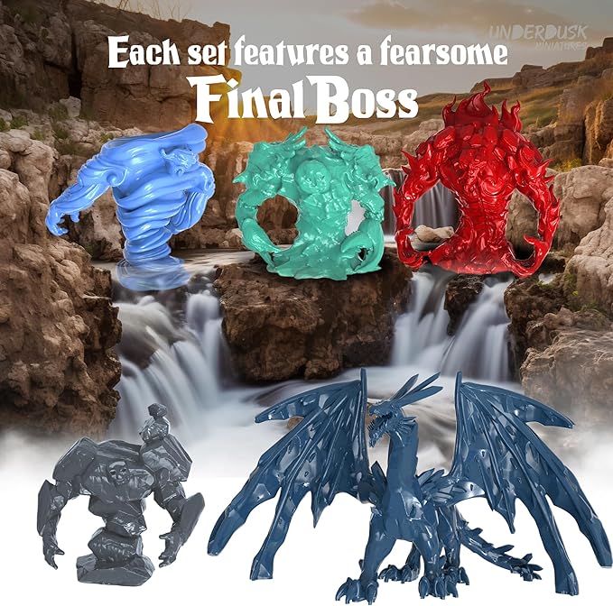 Underdusk: Elemental Encounters - 35 Unpainted Tabletop Miniatures for D&D, Pathfinder & RPGs | Includes Fire, Ice, Water, Air, and Earth Elements with Stat Blocks