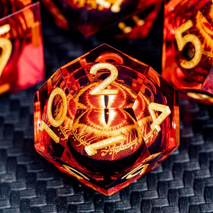ARUOHHA DND Resin Dice Gazes Eye Dice Liquid Core Flaming RPG Sharp Edged Dice Set with Gift Box, Polyhedral D and D Dice Set Compatible with Dungeons Dragons Role Playing Game D20 D12 D10 D8 D6