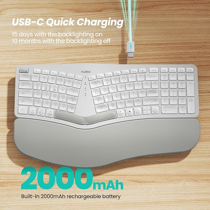 Nulea RT05 Wireless Ergonomic Keyboard, Split Keyboard with Wrist Rest, USB-C Charging, 7-Color Backlight, Natural Typing, Bluetooth and USB Connectivity, Compatible with Windows,Mac