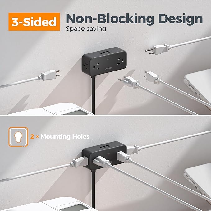 Black Extension Cord 10 Ft, TESSAN Power Strips with Surge Protection 900J with 4 Wide Spaced AC Outlets 3 USB Ports(1 USB C), Extension Cord with Multiple Outlets for Home Office Dorm Room