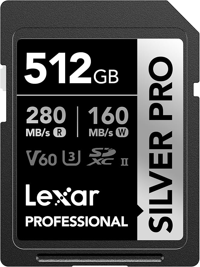 Lexar 512GB Professional SILVER PRO SD Card, UHS-II, C10, U3, V60, Full HD, 4K, Up To 280MB/s Read SDXC Memory Card, for Professional Photographer, Videographer, Enthusiast (LSDSIPR512G-BNNNU)