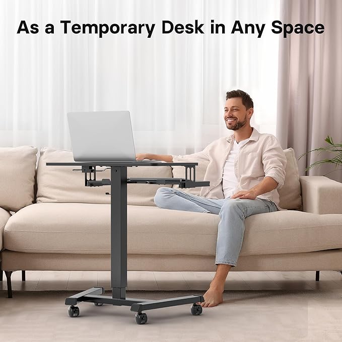 BONTEC Mobile Standing Desk with Keyboard Tray, Mobile Podium, Rolling Laptop Sit Stand Desk on Wheels, Adjustable Height Desk Up to 33lbs, Portable Computer Workstation Cart for Living Room, Office