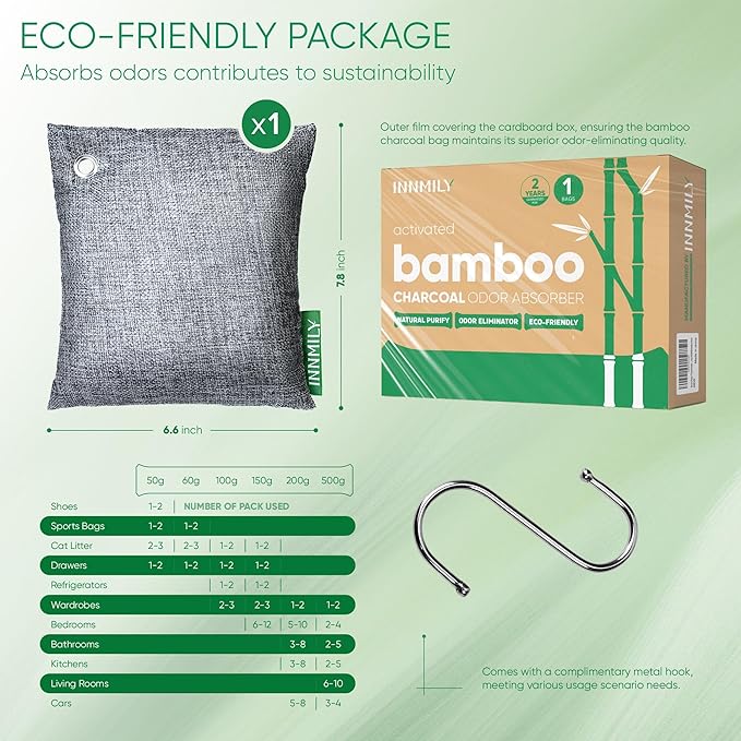 Activated Charcoal Odor Absorber, Large 500g w Hooks Nature Odor Remover for Strong Odor, Bamboo Charcoal Air Purifying Bags, Odor Eliminator for Home Car Closet Pet, Smoke Deodorizer