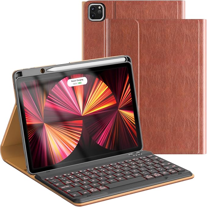 Leather Keyboard Case for iPad Air 5th 4th Generation 10.9 inch Pro 11 1st/2nd/3rd/4th, 7 Color Backlight BT Keyboard Folio with Pencil Holder 2022 2021 2020 2018 (Brown)