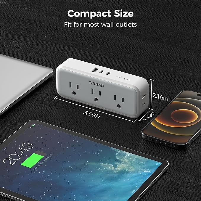 Multi Plug Outlet Extender, Wall Charger, TESSAN Multiple Plug Surge Protector, 5 Outlets and 3 USB (2 USB C), Electrical Power Expander with Surge Protector Spaced for Home Office Dorm Room