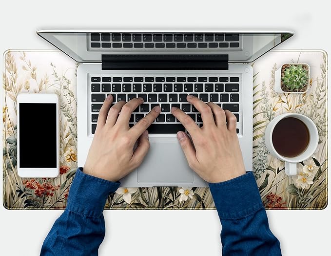 Beige Aesthetic Sage Desk Mat Cute Watercolor Flowers Mouse Pad Desk Pad, XXL Large Extended Gaming Anime Mousepad Big Keyboard Mouse Mat, Home Office Desktop Decor Deskpad for Women 31.5x15.75 in