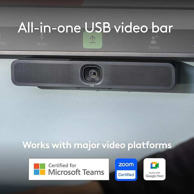 Logitech MeetUp 2 All-in-One USB Conference Room Camera, Compact Video Bar with Built-in AI Features, Works with Microsoft Teams, Zoom Rooms, Google Meet, and More