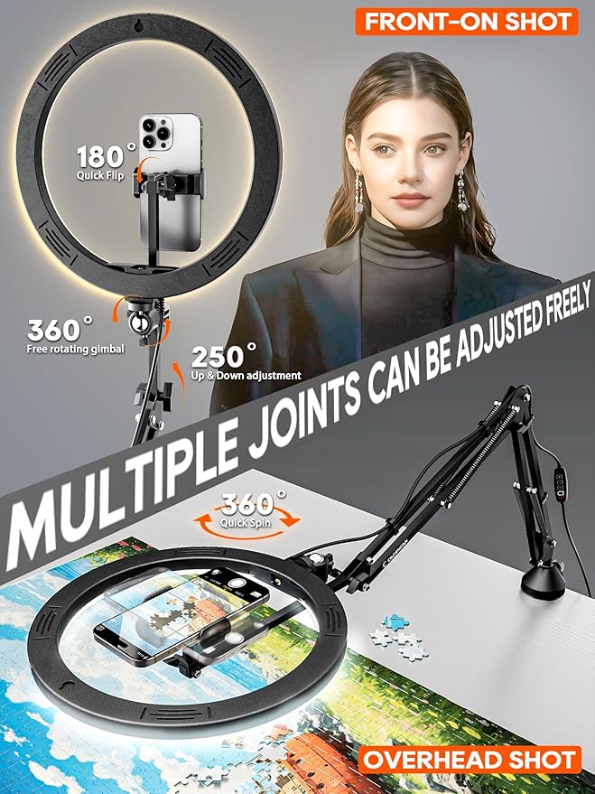 Upgrade Ring Light Overhead Phone Mount, 12”Circle LED Desk Ring Light with Clamp for Video Recording,Flexible Articulating Phone Arm Stand Compatible with iPhone,Live Streaming YouTube Tiktok