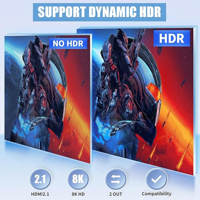2x2 HDMI Switch Splitter, HDMI 2.1 Switcher 2 in 2 Out 8K@60Hz 4K@120Hz, w/IR Remote Control, Supports HDCP 2.3 HDR, HDR10, HDR 10+, 3D