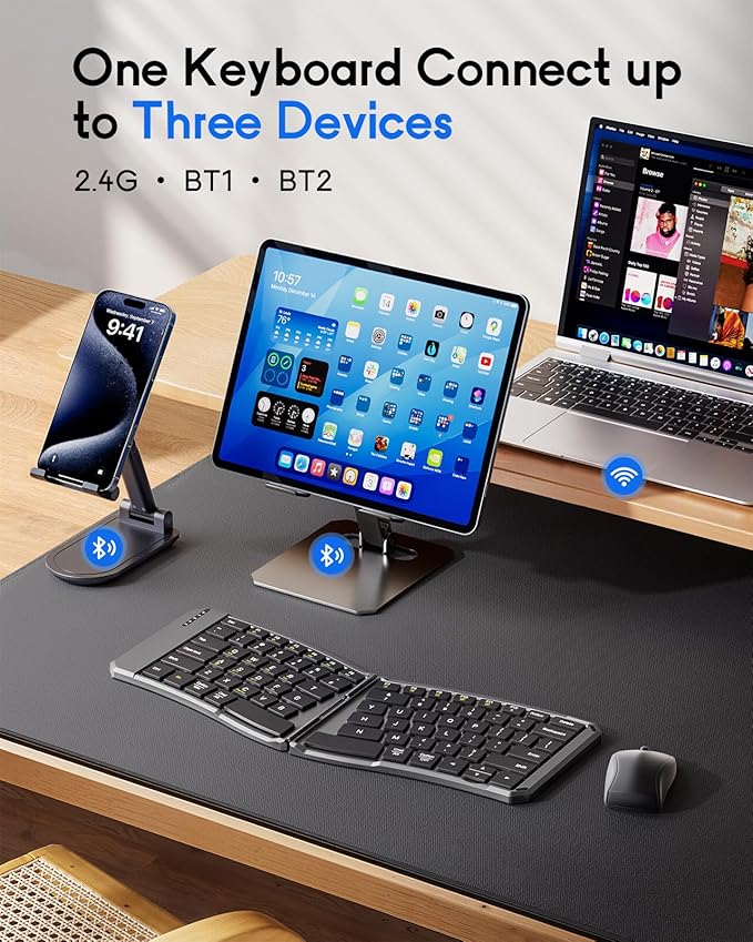 MoKo Ergonomic Foldable Keyboard, Split Portable Folding Bluetooth Keyboard for Business Travel, Ultra Slim Rechargeable Wireless Keyboards for iOS/Android/Windows Tablet PC Smartphone