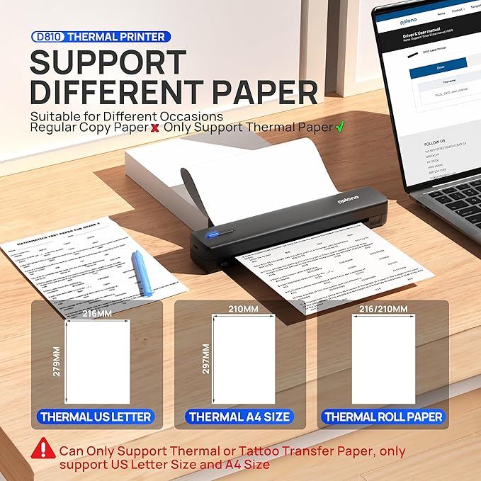 POLONO Portable Printer, D810 Inkless Bluetooth Thermal Printer Wireless for Travel, Compatible with iOS, Android, Laptop, Supports 8.5"x11" US Letter for Office, Car, Home, Black, 1 Pack