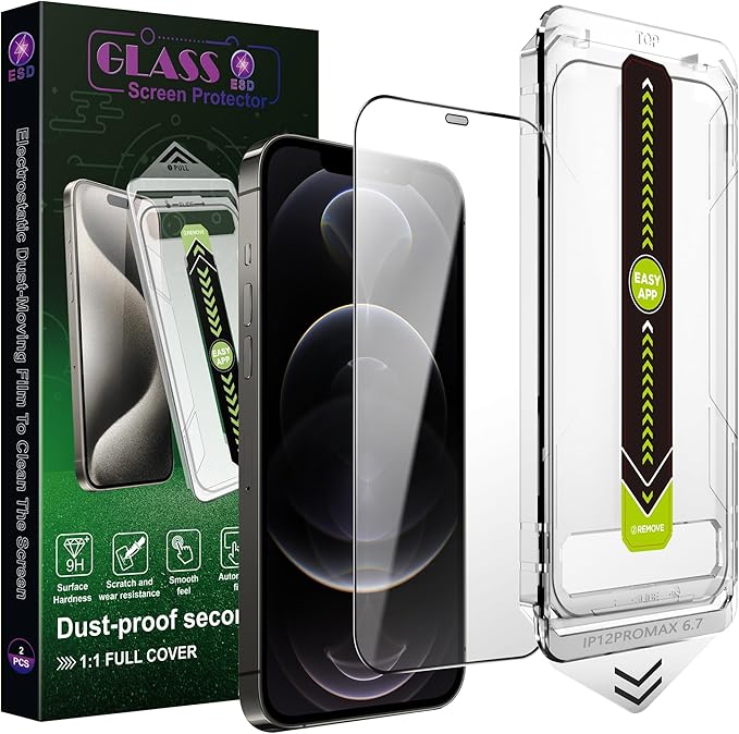 (2-Pack Ultra HD Clear Screen Protector for iPhone 12 Pro Max (6.7-Inch),9H Tempered Glass,Full Coverage,Anti-Fingerprint,Auto Dust Removal,Bubble-Free,Easy Installation