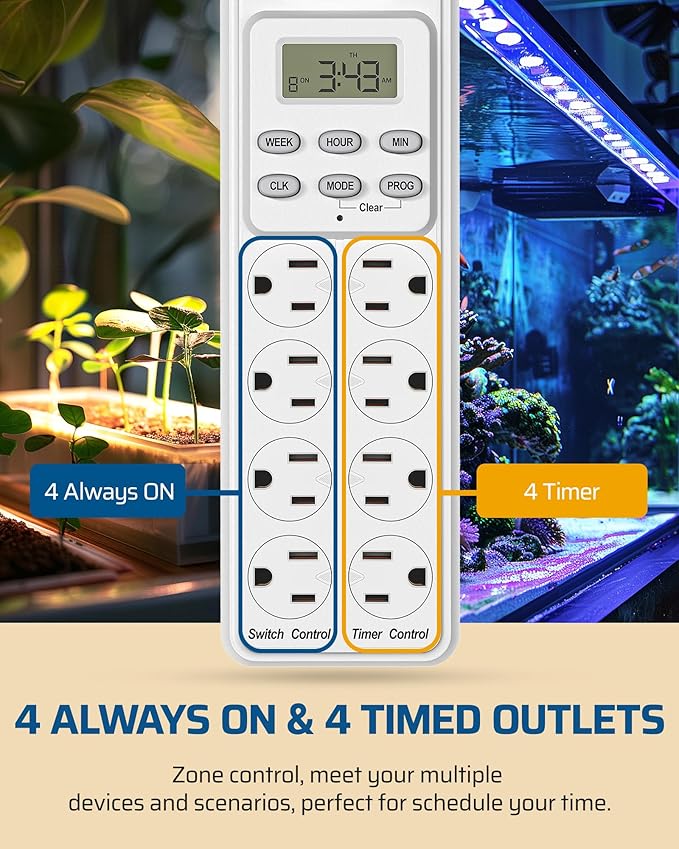 DEWENWILS 8 Outlet Power Strip with Timer (4 Timed/4 Always On), Indoor Digital Timer Outlet for Reptile Light, Turtle Grow Light, Bearded Dragon Tank, Aquarium, 6ft Flat Plug Cord, 15A, UL Listed