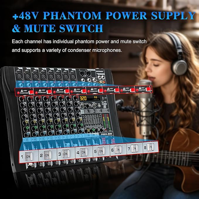 Audio Mixer 8 Channel Professional Mixer Console with 320 DSP Effects, 7-band EQ Sound Mixing Board Digital DJ Mixer w/USB Bluetooth MP3 for Recording, Independent 48V Power & Mute Button