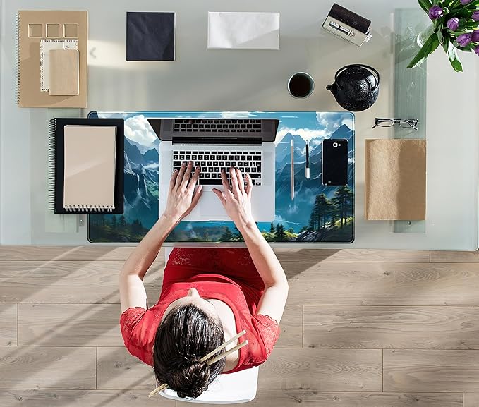 Aesthetic Mountain Vista Desk Mat, Blue Natural Wonder XXL Large Extended Gaming Mouse Pad Mat Non-Slip Mousepad, Computer Keyboard and Mouse Mat, Desk Pad with Stitched Edges, 31.5x15.75 in