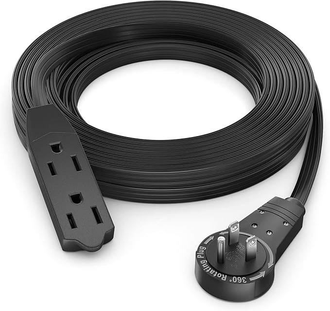 Maximm Cable 15 Ft 360° Rotating Flat Plug Extension Cord/Wire, 16 AWG Multi 3 Outlet Extension Wire, 3 Prong Grounded Wire - Black - UL Certified