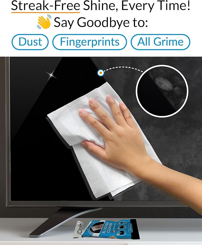 iCloth XL Screen Cleaning Wipes, Lint-Free and Streak-Free, Fast-Drying, Removes Dust, Fingerprints, and Smudges (24 XL Wipes)