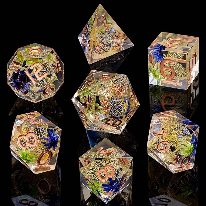 ARUOHHA DND Resin Dice Translucent Yellow Leaf Sharp Edged Dice Set, 7pcs Flower Inclusions Polyhedral D and D Dice RPG Role Playing Game D20 D12 D10 D8 D6 D4
