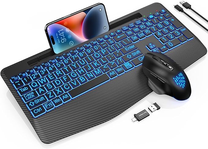 Wireless Keyboard and Mouse Backlits, Wrist Rest, LED Mouse, Rechargeable Ergonomic Keyboard with Phone Holder, Silent Light Up Combo for Computer, Mac, PC, Laptop, Chromebook (Black Large Print)