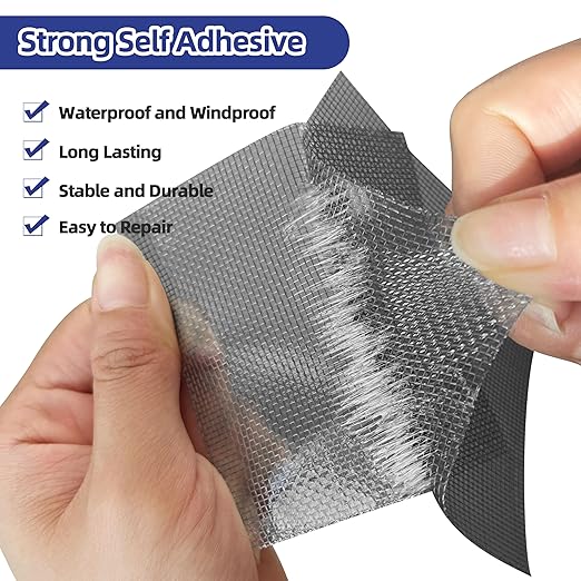 KING MOUNTAIN 10 Sheets Black Window Repair Patches, 58 in Repair Kit for Screen Tears Holes, Strong Adhesive Mesh Tape, Quick & Waterproof