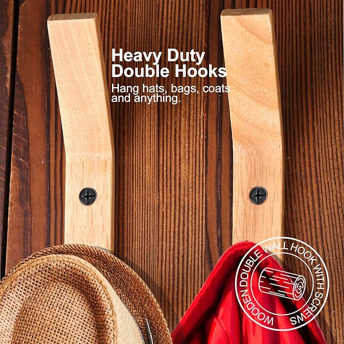 HNYYZL Wooden Wall Hooks, 6 Pack Wood Hooks Wall Mounted, Modern Coat Hooks, Heavy Duty Double Hooks with Metal Black Screws, Wood Wall Hooks Organizer for Hanging Coat, Hat, Scarf, Bag, Towel