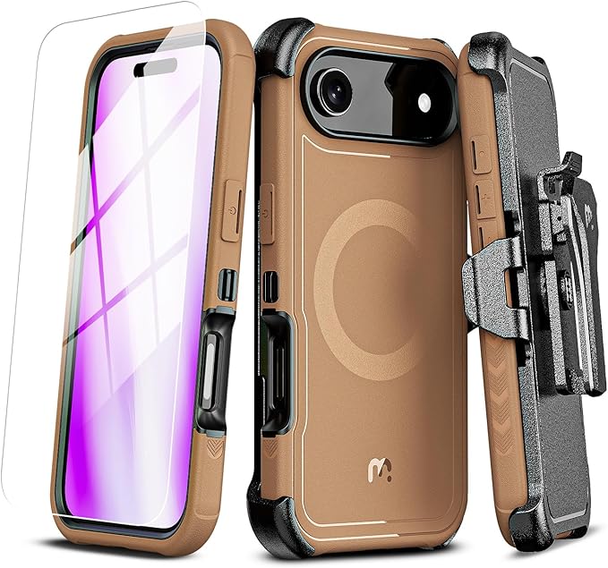 M MYBAT PRO for iPhone Air Case with Belt Clip Holster, [Compatible with Magsafe] w/Screen Protector, Anti-Drop, Shockproof, w 360°Rotating Kickstand, Heavy Duty Protection (Brown)