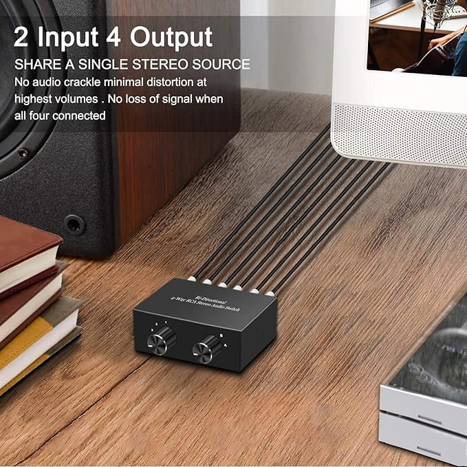 Y.D.F 4-Way Bi-Directional RCA Switch, HiFi AV L/R Sound Channel 2 in 4 Out or 4 in 2 Out, L/R Sound Channel Audio Switcher Splitter RCA Stereo Selector for DVD Stereo Speaker CD Player