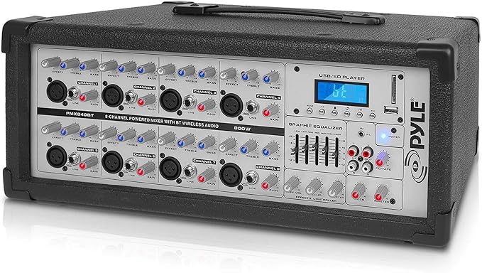 Pyle 800W Bluetooth Stage Powered Mixer - 8-Channel Pro Audio Sound System with MP3/USB/SD Readers - RCA/1/4” Effects Loop - Aux Input - Digital LCD Display - Built-in Cooling Fan - PMX840BT