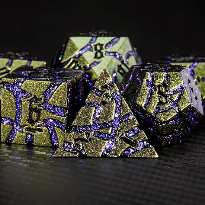 Dice Set D&D Metal,DND Metallic Glitter Crack Dice with Gift Box for RPG Board Games (Greenish Yellow Color + Purple)