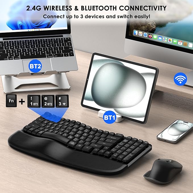 Ergonomic Keyboard and Mouse Combo, Bluetooth/2.4G Wireless Ergo Wave Curved Keyboard with Cushioned Palm Rest and 6 Levels DPI Adjustable Silent Mouse, Multi-Device for Windows/Mac/Android