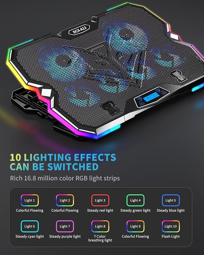 KeiBn Upgrade Laptop Cooling Pad A13,RGB Lights Laptop Cooler 6 Fans for up to 15.6 Inch Laptops,10 Modes Light, 7 Height Stands, 2 USB Ports - Blue