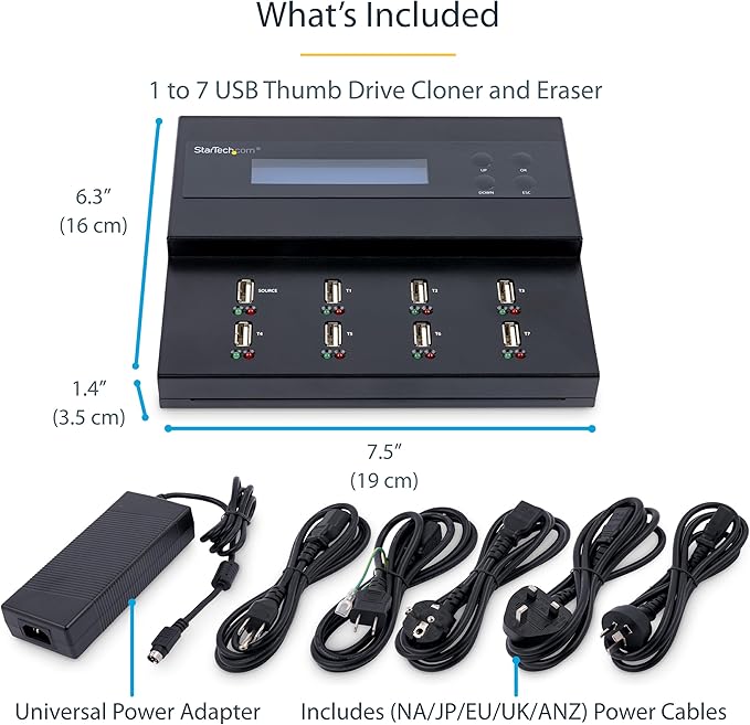 StarTech.com Standalone 1 to 7 USB Flash Drive Duplicator/Cloner / Eraser, Multiple USB Thumb Drive Copier / Sanitizer, System File / Sector-by-Sector Copy, 1.5 GB/min, 3-Pass Erase, LCD, TAA