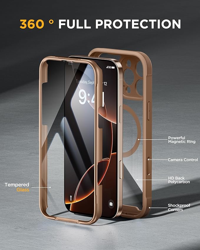 Miracase Magnetic for iPhone 16 Pro Max Case 6.9'' [Compatible with MagSafe] Full-Body Phone case with Built-in Glass Screen Protector& Camera Protector,Drop Proof 16 Pro Max Cover,Desert Brown