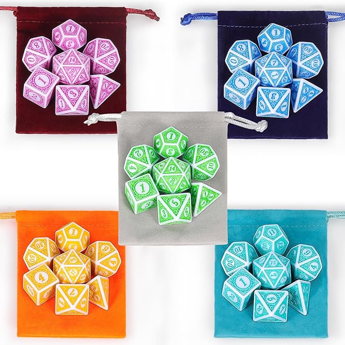 CiaraQ DND Dice with 5 Pouches, 5 Sets of Retro Polyhedral Dice for MTG D&D Board Games, 35 Pieces Role Playing Dice