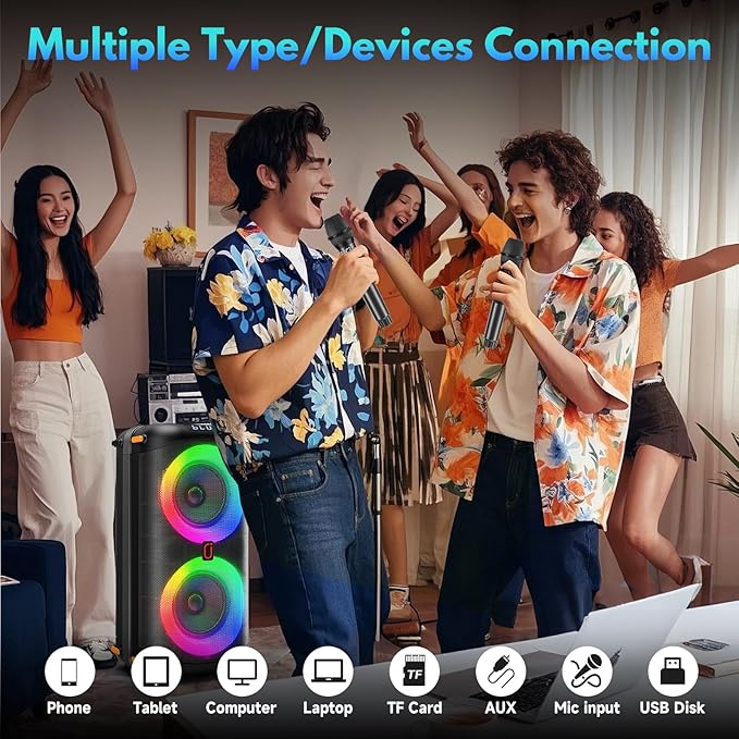 Karaoke Machine with 2 Wireless Microphones, Portable Bluetooth 5.3 Karaoke Speaker for Home Party Outdoors, PA System for Adults with Echo Adjustment/LED Lights, Support TV/USB/AUX/TF