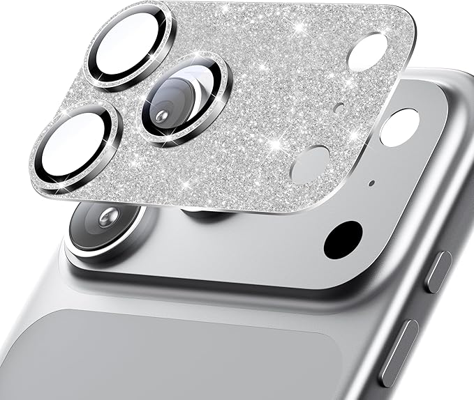 Hoerrye for iPhone 17 Pro Max Camera Lens Protector - [12FT Shatterproof Military Grade] [Strong Adsorption] Metal 9H+ Tempered Glass Camera Screen Full Cover Case Friendly,Glitter Silver