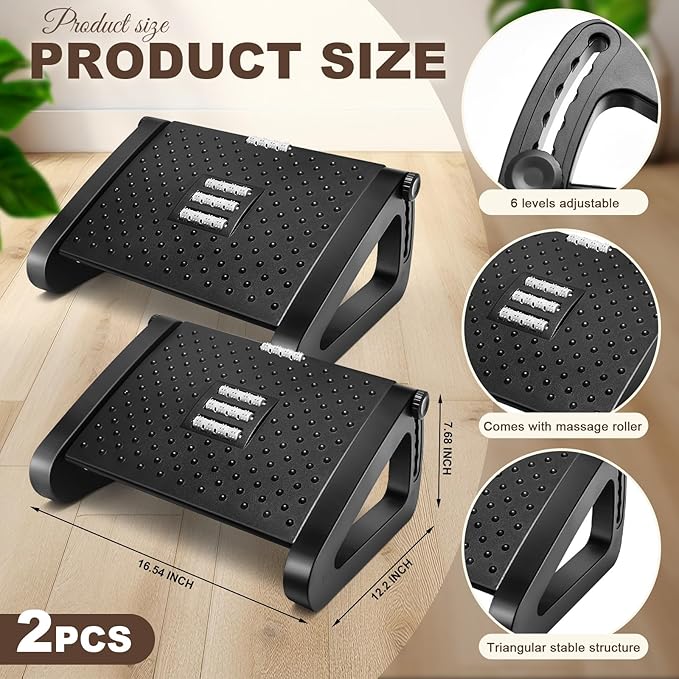 2 Pcs Foot Rest for Under Desk at Work, Ergonomic 6 Heights Adjustable Footrest with Massage Roller, Chair Footrest for Leg Rests for Office and Home Pressure Relief(Black)